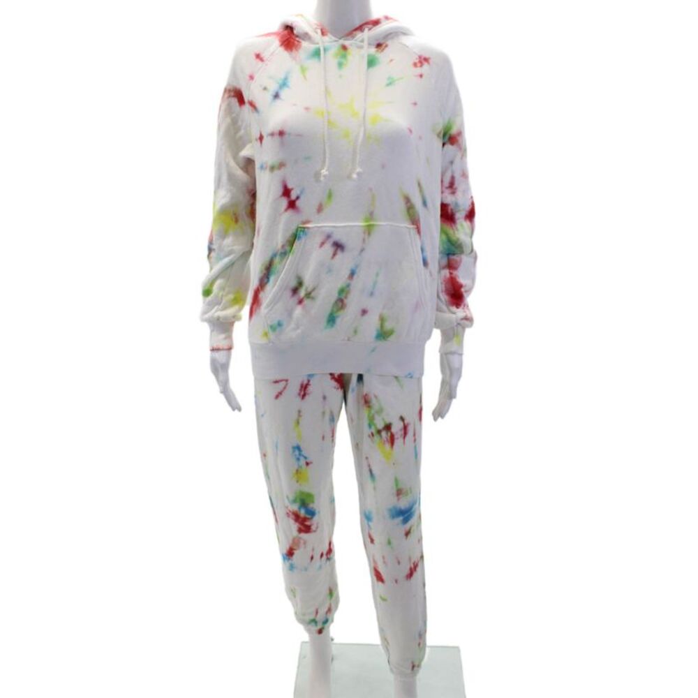 Wesley Womens Pullover Tie Dyed Hoodie Sweatshirt Pants Set White Multi 2XS XS